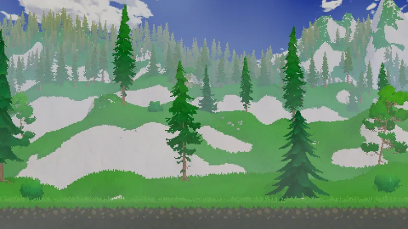 Rolling hills with snow patches and scattered pine trees