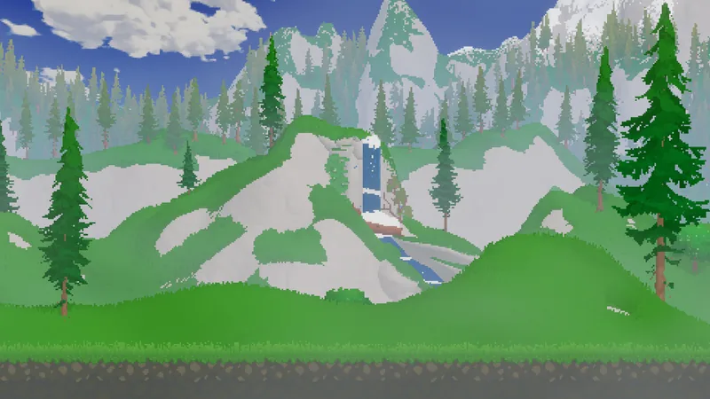 A waterfall running down a snow-patched hill