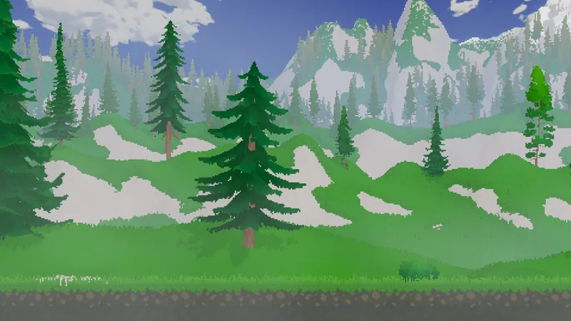 Tall pines in front of a mountain range