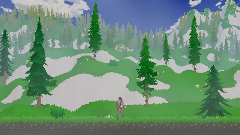 The player standing on a grassy ridge with a gun, pine forest behind